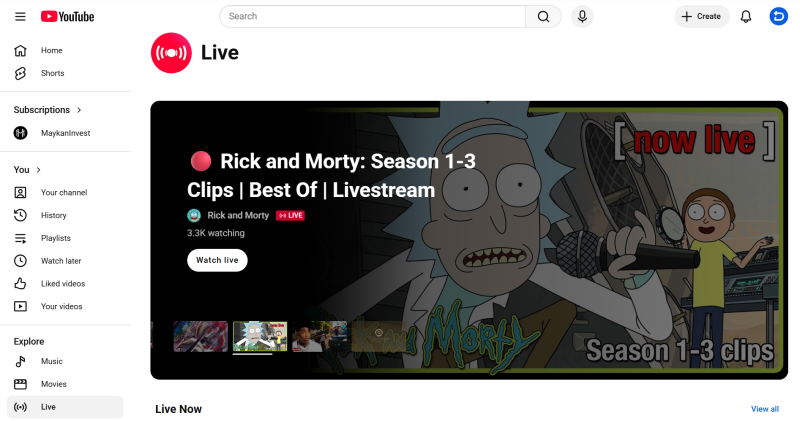 YouTube Live Page